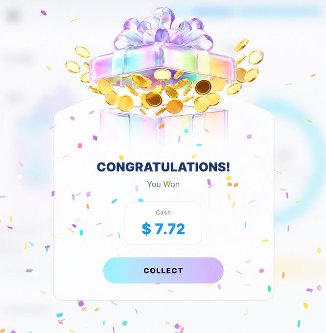 The image displays a "Congratulations! You Won $7.72 Cash" pop-up with a "Collect" button, featuring an open gift box with gold coins and confetti. However, the post claims a $7.56 USDT reward, which doesn't match the image showing $7.72 in cash—suggesting a possible discrepancy or that the image is a stock promotional graphic rather than an actual screenshot of the user's winnings.