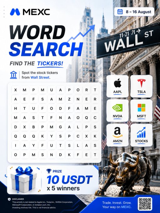 MEXC Word Search promotional graphic featuring a Wall Street background, a stock ticker word search puzzle with logos for AAPL, TSLA, NVDA, MSFT, AMZN, and STOCKS, and a 10 USDT prize giveaway for 5 winners.