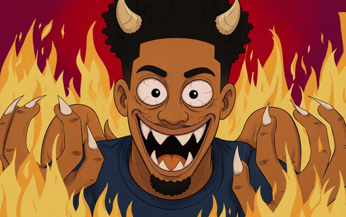 A cartoon illustration of a demonic figure with horns, glowing red eyes with bloodshot sclera, sharp fangs, and clawed hands surrounded by flames.