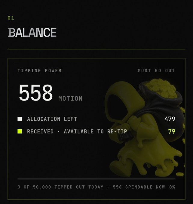 Screenshot showing a tipping balance dashboard with 558 MOTION in tipping power, 479 allocation left, and 79 received available to re-tip.