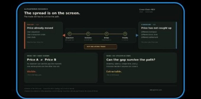 The image is an Alphaworks slide titled "The spread is on the screen" detailing a Cross-Chain MEV scenario where "Price already moved" (Scenario A) versus "Price has not caught up" (Scenario C), with sections on "Price A ≠ Price B" (Visible) and "Can the gap survive the path?" (Extractable), illustrating how arbitrage spreads between Ethereum and L2s can be visible but unextractable due to transaction ordering constraints.