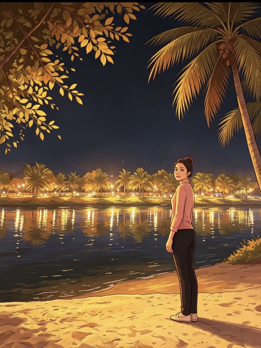 Anime-style illustration of a woman standing on a sandy beach at night, looking out at a lake reflecting the lights of a distant city lined with palm trees.