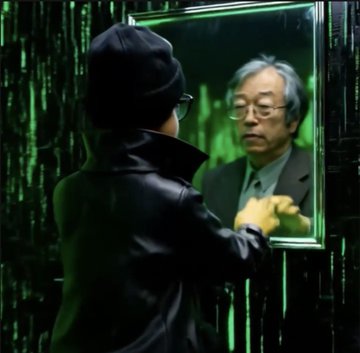 The image features an older man wearing glasses, looking at his reflection in a mirror while holding onto a black leather jacket. The background of the photo has a green color with white lines running through it, giving the impression that they are inside a room with a green wall and a green curtain. The post includes text such as "No one had to convince me to join No one bought me my Froge No one made a deal with me to get me my Froge I bought it with my own hard working money I chose @FROGE69mg".