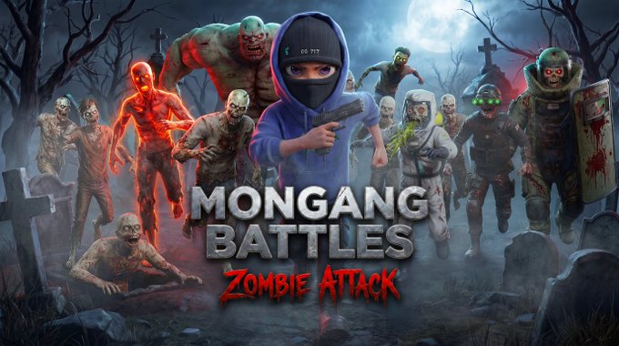 Promotional banner for the mobile game 'MONGANG BATTLES Zombie Attack,' featuring a hooded character wielding a gun surrounded by various zombie figures in a graveyard setting.
