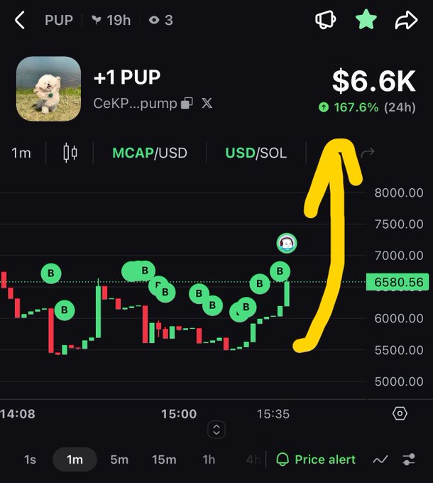Trading chart showing PUP token at $6.6K with a 167.6% gain in 24h, featuring a hand-drawn yellow arrow pointing upward alongside buy/sell markers.