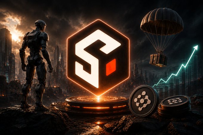 A futuristic, dystopian-themed promotional graphic featuring a robotic soldier overlooking a ruined city, with a glowing orange hexagonal logo in the center, a crate being delivered by parachute on the right, and crypto-style coins below alongside an upward-trending green arrow.