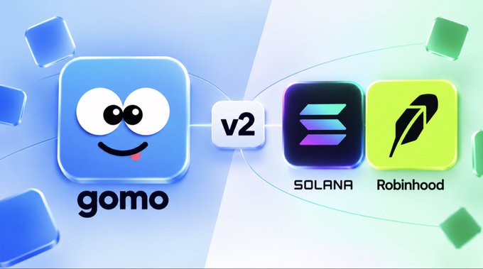 The image promotes the launch of "gomo v2," featuring a redesigned blue app icon with a playful face alongside a "v2" label, connected to Solana and the newly added Robinhood Chain logos, visually representing the platform's expanded trading capabilities.