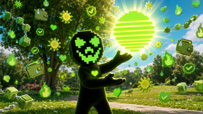 AI-generated image of a figure with a glowing green pixelated smiley face head holding a bright sun, surrounded by floating green emoji icons in a park setting.