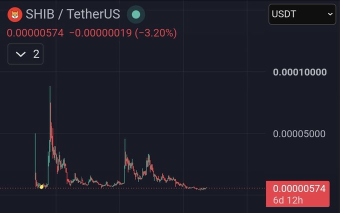 A cryptocurrency trading chart displays SHIB / TetherUS (USDT) at a price of 0.00000574, showing a decline of -0.00000019 (-3.20%) over 6d 12h.