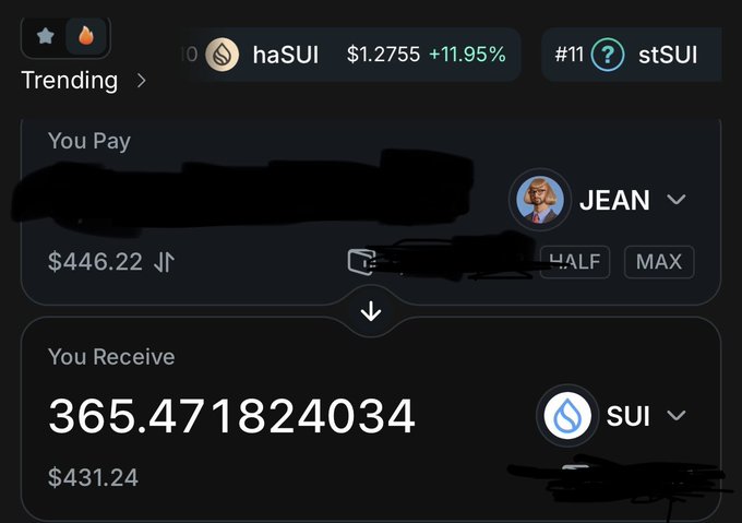 A cryptocurrency swap interface shows a trade of $446.22 being exchanged for 365.471824034 SUI (valued at $431.24) on SuiPump, illustrating the platform where the user reportedly lost funds to fake pools before receiving a refund from the founder.