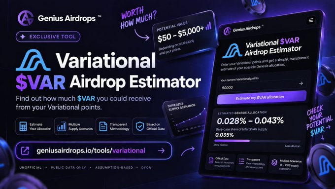 A promotional graphic for the 'Variational $VAR Airdrop Estimator' by Genius Airdrops, showing a dark-themed website interface with potential value estimates ranging from $50-$5,000+.