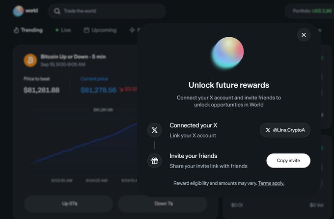 A digital interface for a trading platform displaying 'Bitcoin Up or Down - 8 min' with a price chart, overlaid with a pop-up prompting to 'Unlock future rewards' by connecting an X account (@Lina_CryptoA) and inviting friends.