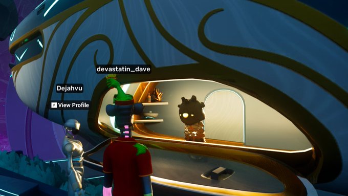A video game scene showing player avatars 'devastatin_dave' and 'Dejahvu' with a 'View Profile' button, featuring characters near a futuristic display.