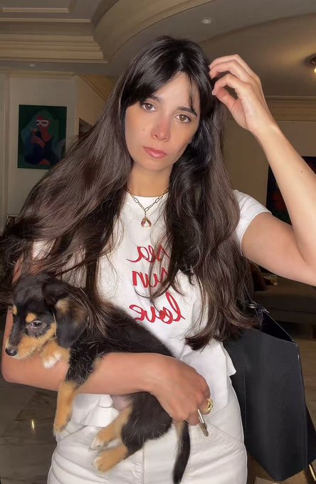 A young woman with long dark hair holds a small black and tan puppy while taking a mirror selfie in an elegant interior, wearing a white t-shirt that reads "Run now wine later" in red script—an upbeat, casual "GM legends" greeting.