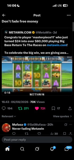 A Twitter/X post by @MetaWin.COM congratulating player 'masterpiece11' on turning $24 into over $80,000 playing Big Bass Return To The Races, with 70K views and 721 likes.