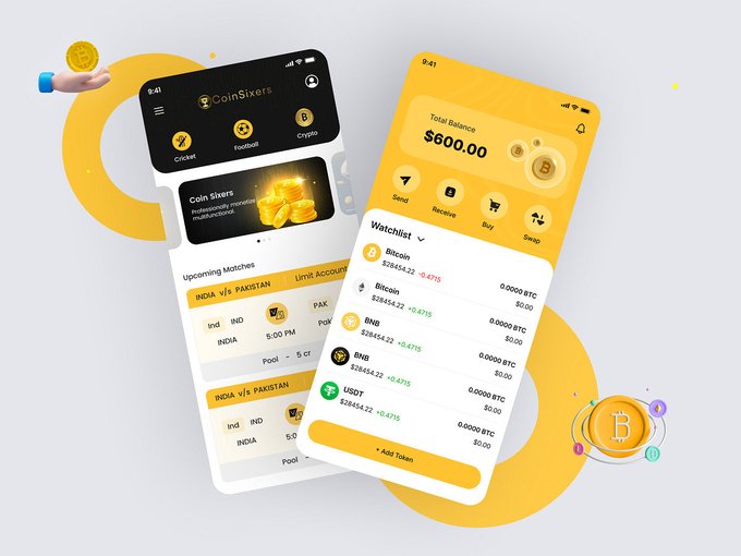 A mobile app design mockup for 'CoinSixers' showing a yellow-themed interface with a $600.00 total balance, a watchlist of cryptocurrencies including Bitcoin, BNB, and USDT, and upcoming cricket match listings.