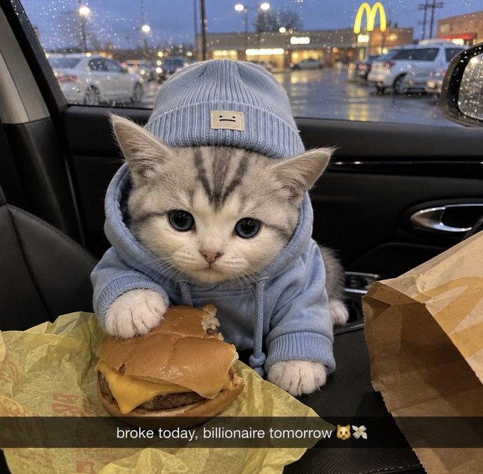 A kitten in a blue hoodie sits in a car beside a cheeseburger, captioned "broke today, billionaire tomorrow 🐱💸" with a McDonald's sign visible outside. The meme humorously plays on the "not if but wen" sentiment by depicting a small feline entrepreneur in early-stage startup mode—currently dining solo at McDonald's but clearly destined for bigger things.