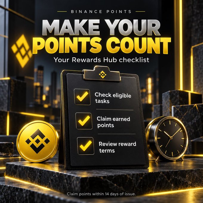 A promotional Binance Points graphic titled 'MAKE YOUR POINTS COUNT' displays a checklist with 'Check eligible tasks', 'Claim earned points', and 'Review reward terms', noting 'Claim points within 14 days of issue'.