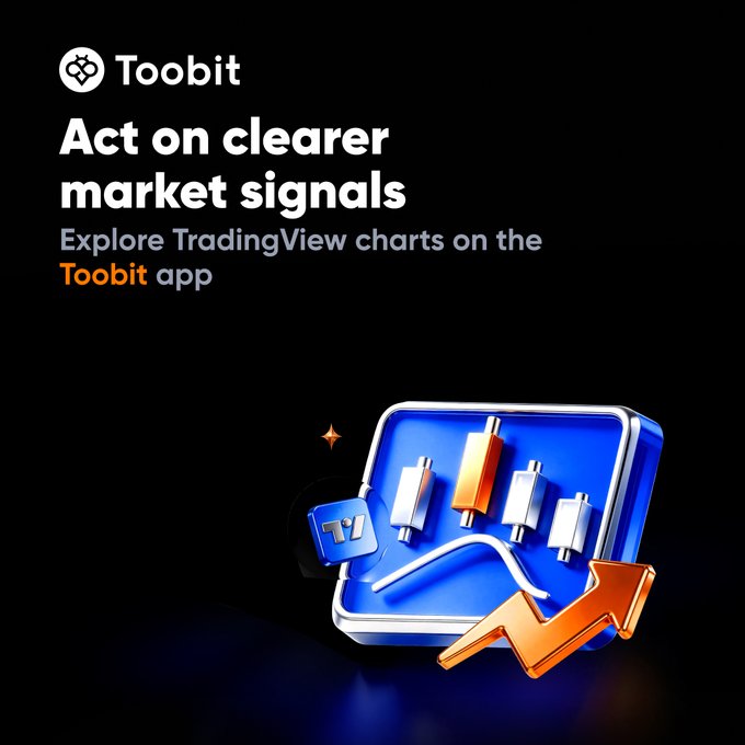 A promotional graphic for Toobit features the headline "Act on clearer market signals" and "Explore TradingView charts on the Toobit app," alongside a 3D illustration of candlestick charts, an upward arrow, and a briefcase. The image directly supports the announcement by visually highlighting the integration of TradingView's charting tools within the Toobit platform.