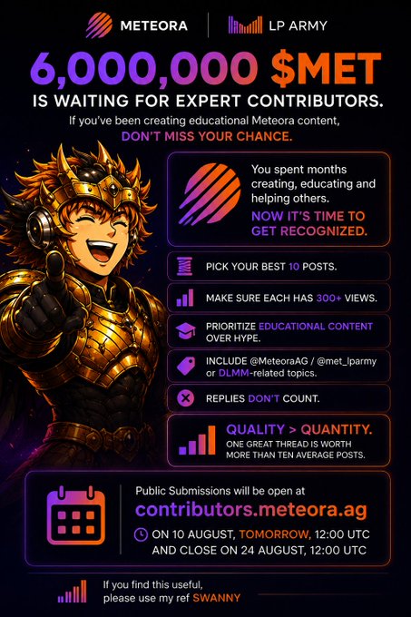 A Meteora/LP Army promotional graphic offering 6,000,000 $MET to expert contributors, featuring an anime-style knight character and details about a content submission program running August 10-24, with referral code 'SWANNY'.