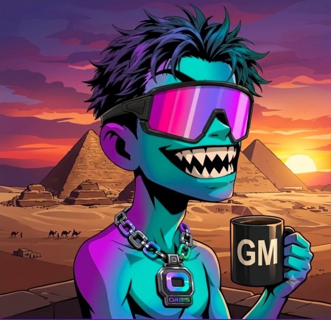 A vibrant digital illustration of a blue-skinned cartoon character with spiky hair, pink goggles, and a toothy grin, holding a mug labeled 'GM' against a desert pyramid sunset backdrop.