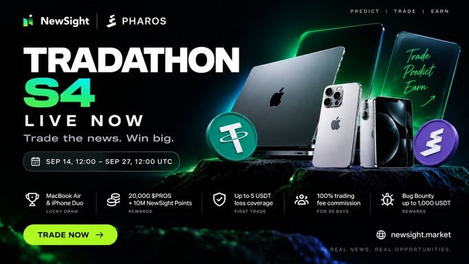 A promotional banner for 'TRADATHON S4' by NewSight and PHAROS advertises a live trading event from September 14 to September 27 at 12:00 UTC, offering prizes like a MacBook Air and iPhone Duo.