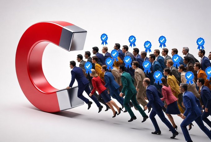 A 3D illustration of a large red and silver horseshoe magnet attracting a crowd of business professionals adorned with blue verification checkmark ribbons.