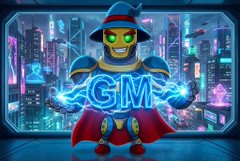 A digital graphic of a futuristic, armored character with a red hat standing in front of a neon city background with the glowing letters 'GM' in the center.