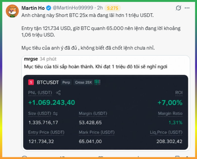 Twitter/X post from Martin Ho (@MartinHo99999) in Vietnamese describing a BTC 25x short position with over 1 million USDT profit, showing PNL of +1,069,243.40 USDT and entry price of 121,734.32.