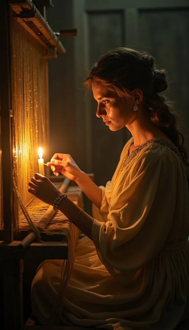 A young woman in a flowing white dress works at a wooden loom in candlelight, threading the warp with focused attention.