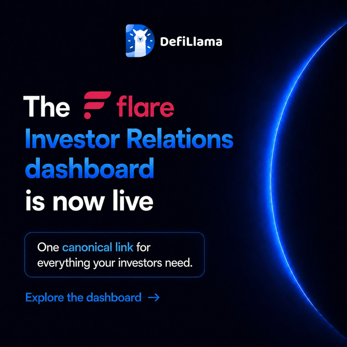 A dark promotional graphic announcing 'The flare Investor Relations dashboard is now live' featuring the flare logo, the DefiLlama logo at the top, and the text 'One canonical link for everything your investors need. Explore the dashboard.'