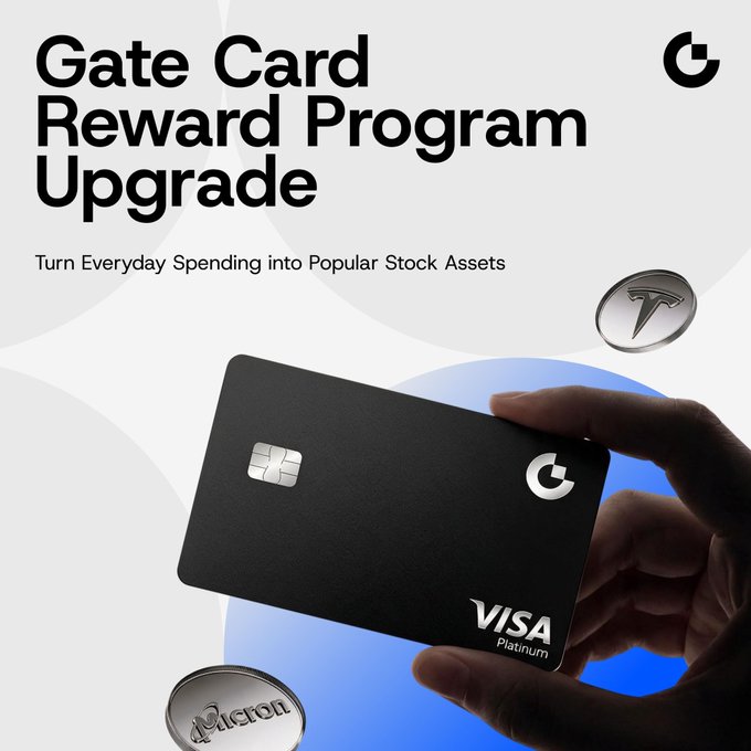 A hand holds the Gate Card Visa Platinum with the tagline "Gate Card Reward Program Upgrade: Turn Everyday Spending into Popular Stock Assets," alongside Tesla and Apple tokens, visually promoting the expanded redemption options into crypto and tokenized stocks for accumulated points.