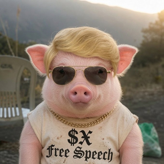 A digitally altered image of a pig with a blonde wig and aviator sunglasses wearing a white t-shirt with '$X Free Speech' printed on it, with a gold chain necklace.