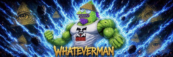 The image features a muscular green reptilian character wearing a "Make Crypto Fun Again" shirt and a tinfoil hat, set against a cosmic background with the all-seeing eye symbol and the text "WHATEVERMAN." This ties to the post celebrating @creepz subscribers by showcasing the meme coin's quirky, irreverent mascot embracing conspiracy and crypto culture themes.