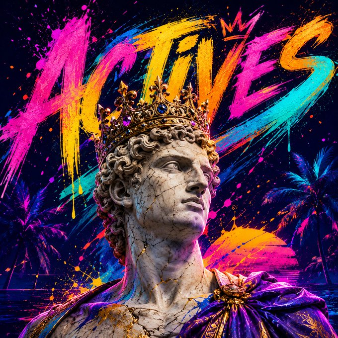 A weathered classical stone bust crowned with an ornate gold crown stands prominently against a vibrant graffiti-style backdrop featuring bold pink, yellow, and cyan paint splashes with the word "KING" in stylized lettering, alongside palm trees and a sunset. The image evokes themes of royalty and triumph, complementing the celebratory giveaway post offering SOL to active community members on a Wednesday.