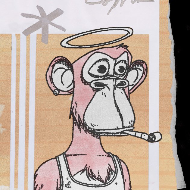 A comic-style illustration depicts a pink monkey wearing glasses and a white tank top, smoking a cigarette, with a halo above its head against an orange striped background.