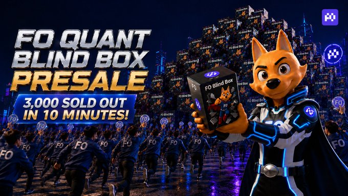 Promotional graphic for 'FO QUANT BLIND BOX PRESALE' announcing '3,000 SOLD OUT IN 10 MINUTES!' featuring a cartoon fox superhero character holding a blind box, with crowds in the background.