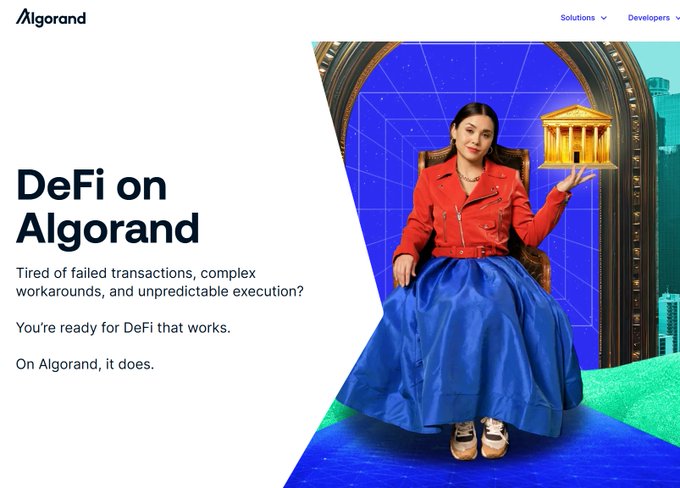 The image features an advertisement for Algorand, which includes a woman dressed in a blue dress sitting on a chair with her arms raised. The text above the woman reads "DEFI ON ALGORAND", indicating that this is related to the Algorand website or platform. The post also mentions that the website has a section dedicated to DeFi (decentralized finance), which could be of interest to users who are familiar with the concept of DeFi and its applications in various industries, such as finance, real estate, and more.