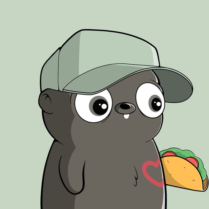 A cartoon character of a dark gray figure wearing a green baseball cap and holding a taco, with a red heart drawn on its chest.