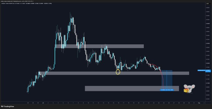 A TradingView candlestick chart of a crypto/USD pair shows a sharp decline from highs near 0.0000068 down to the 0.0000040–0.0000032 support zone, with a yellow circle marking a key resistance-turned-support flip near 0.0000040, visually illustrating the post's prediction of a -50% "deadcat bounce" followed by another -80% leg lower toward zero.