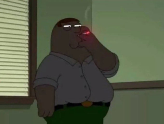 An animated character resembling Peter Griffin from Family Guy is smoking, with the cigarette tip glowing red, wearing a blue button-up shirt and green pants.