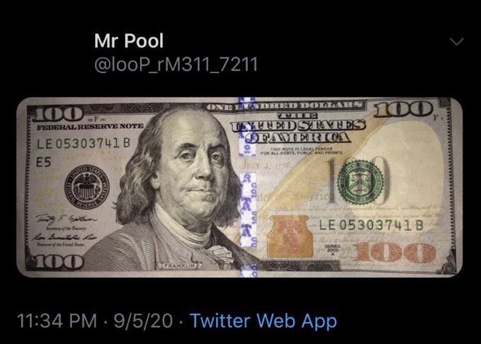 A tweet from "Mr Pool" (@looP_rM311_7211) posted on 9/5/20 at 11:34 PM via Twitter Web App features an image of a US $100 bill with the caption referencing "XRP Mr Pool: $100 💵 9/5." The image serves as a visual representation of the $100 amount mentioned in the post, linking the physical currency to the XRP cryptocurrency context.