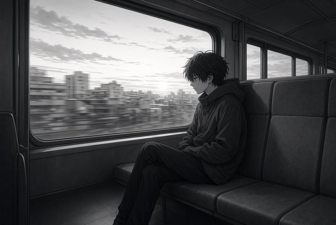 A black-and-white anime-style illustration of a young man in a hoodie sitting alone on a train, looking out the window at a blurred cityscape.