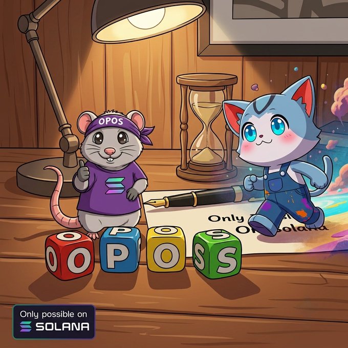 A cartoon illustration featuring a mouse and a cat character at a desk with an hourglass and fountain pen, with 'OPOS' blocks and text reading 'Only possible on Solana'.