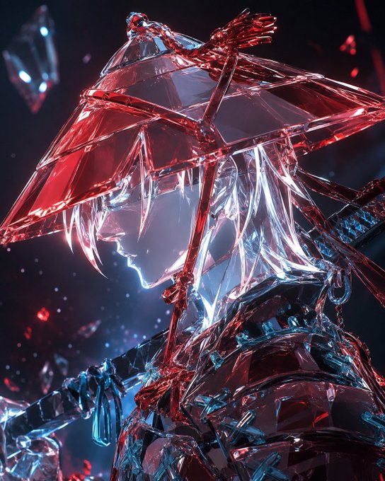 A 3D-rendered figure wearing a traditional Asian conical straw hat made of red translucent crystal-like material, with long hair and a glowing face.