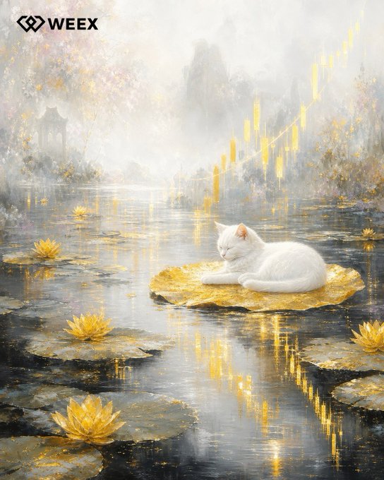 A serene white cat rests peacefully on a golden lotus pad amid a misty, ethereal pond dotted with glowing yellow water lilies and shimmering candlelit reflections, while the "WEEY" logo appears in the top-left corner. The tranquil, awakening scene visually echoes the "GM! Something big is waking up" message, suggesting quiet beginnings before a major rise.