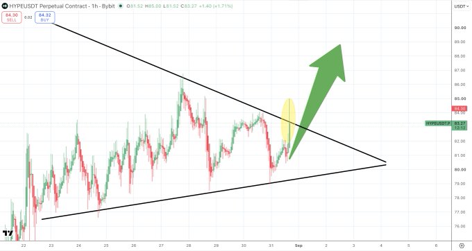HYPEUSDT Perpetual Contract 1h chart showing a price of $83.52 with an ascending triangle pattern forming near $84, accompanied by a green upward arrow signaling the trader's bullish breakout target toward $100.