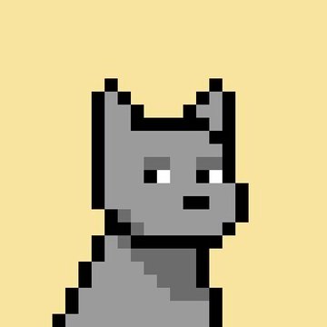 A pixel art illustration of a gray dog character with pointed ears and a neutral expression against a solid tan/beige background.