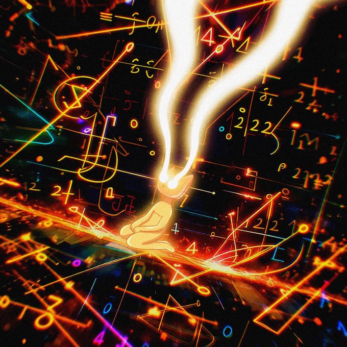 A stylized digital artwork shows a figure sitting cross-legged surrounded by glowing orange mathematical equations, symbols, and geometric shapes.