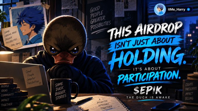 A promotional graphic for the SEPIK airdrop featuring an anime duck character at a desk, with text stating 'THIS AIRDROP ISN'T JUST ABOUT HOLDING. IT'S ABOUT PARTICIPATION' and the tagline 'THE DUCK IS AWAKE'.